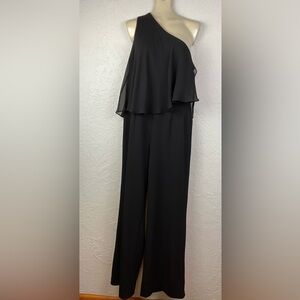 Calvin Klein Black Chiffon Drape One Shoulder Jumpsuit Sz 10